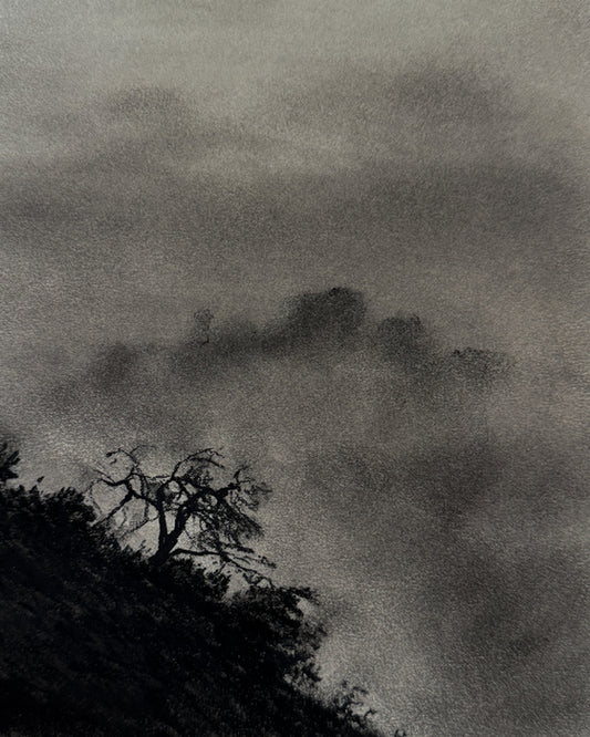 Where the World Falls Away, 2024, charcoal on paper, 7 x 6 in. / 17.78 x 15.24 cm.