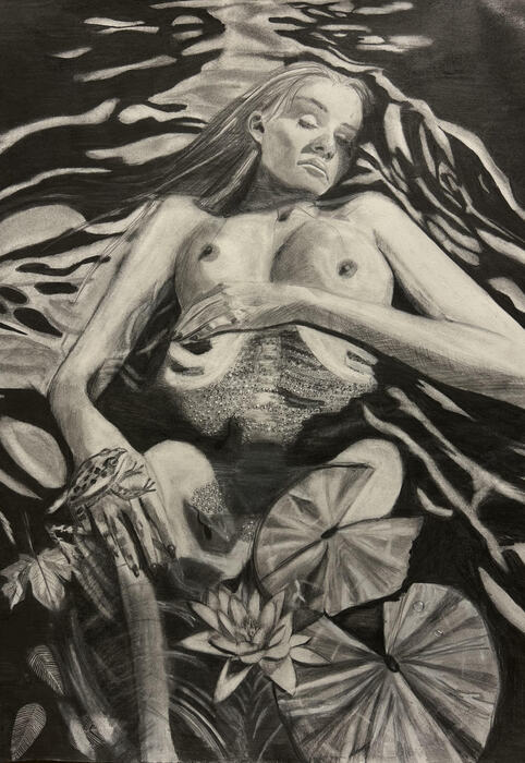 Float, 2023, graphite and charcoal, 30 x 22 in. / 76.2 x 55.88 cm.