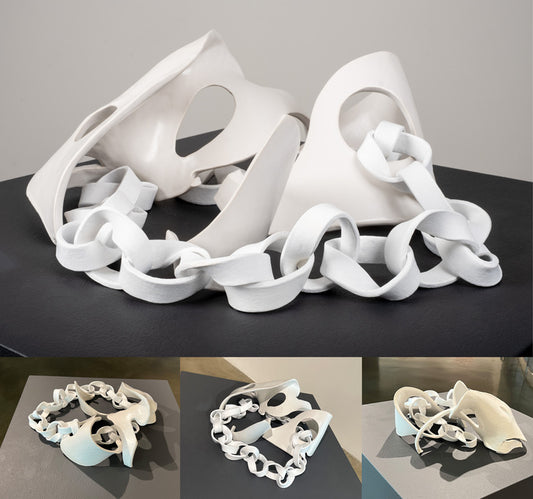 Möbius Strip Variation II, 2025, ceramics, 8 x 17 x 14 in. / 20.32 x 43.18 x 35.56 cm.