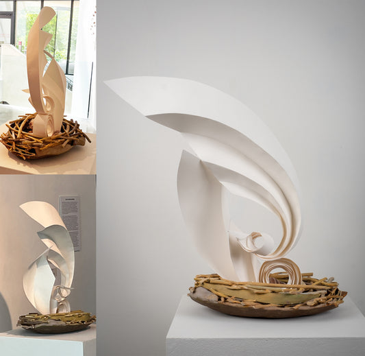 Transit, 2025, ceramics and paper, 32 x 23 x 14 in. / 81.28 x 58.42 x 35.56 cm.
