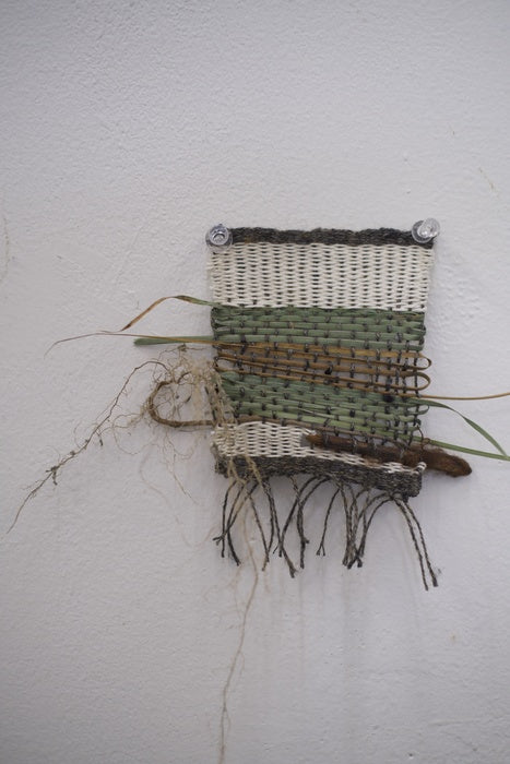 Weaving 4, 2025, yarn and found grass, 15 x 3 in. / 38.1 x 7.62 cm.