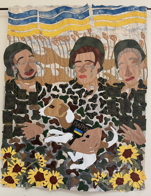 Ukrainian Bomb Squad, 2022. stitched fabric, 55 x 42 in. / 139.7 x 106.68 cm.