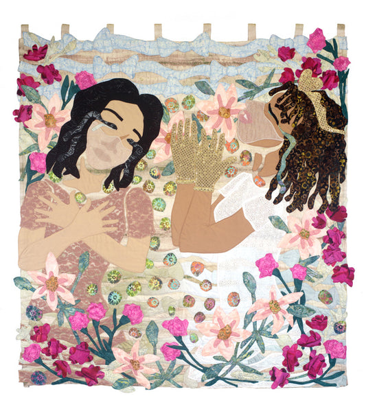 In Remembrance - Asian Spa, 2021, stitched fabric, 42 x 44 in. / 106.68 x 111.76 cm.