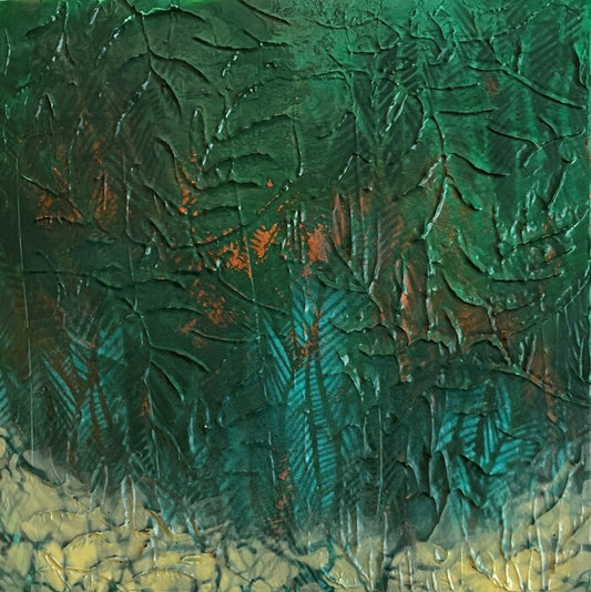 Whispers of the Forest, 2025, mixed media with frame, 14 x 14 in. / 35.56 x 35.56 cm.