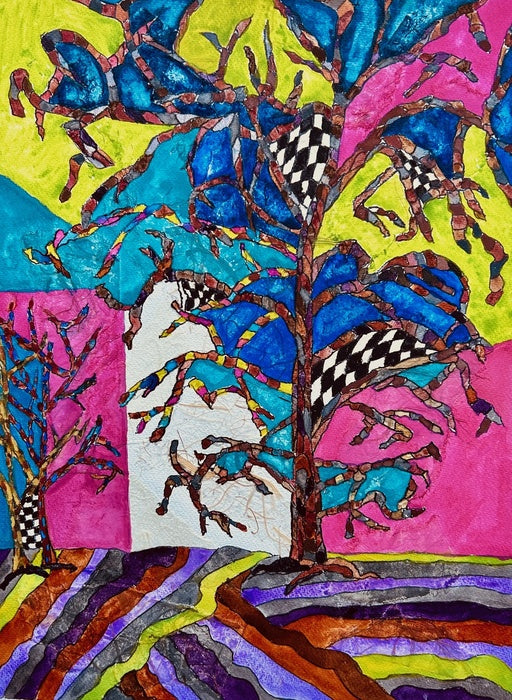 Three Tree Magic, 2024, mixed media, 12 x 14 in. / 30.48 x 35.56 cm.