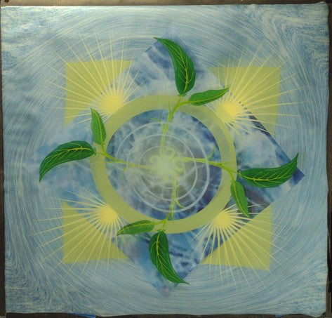 Spring-Emergence-Water-Background, 2023, digital art printed on layers of silk, 16 x 16 in. / 40.64 x 40.64 cm.