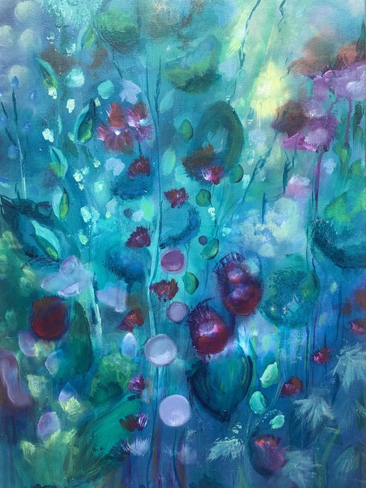 Submerged in Bloom, 2025, acrylic paint, 18 x 24 in. / 45.72 x 60.96 cm.