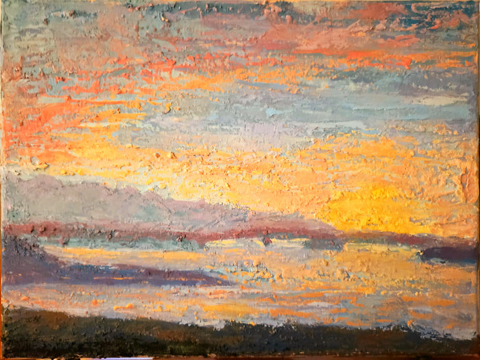 Lodge at Sunset, 2023, oil on canvas, 12 x 16 in. / 30.48 x 40.64 cm.