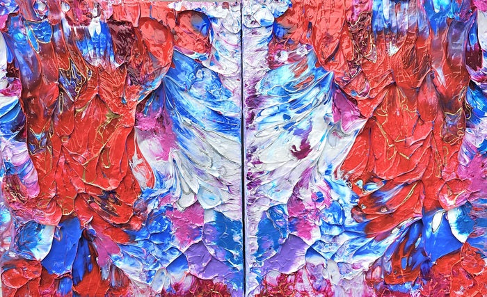 Revelation: Blue, Purple and Scarlet, 2025, acrylic on canvas, 20 x 32 in. / 50.8 x 81.28 cm.