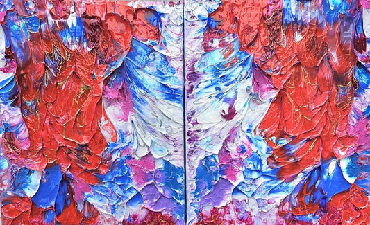 Revelation: Blue, Purple and Scarlet, 2025, acrylic on canvas, 20 x 32 in. / 50.8 x 81.28 cm.