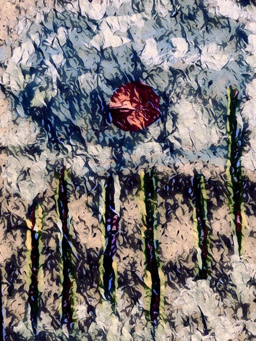 Silent Surge: The Red Orb, 2025, mixed media, 20 x 16 in. / 50.8 x 40.64 cm.