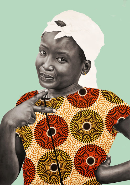 Young Girl with White Headdress Wearing Ankara Fabric, 2022, mixed media, 30 x 41 in. / 76.2 x 104.14 cm.