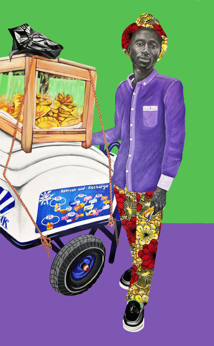 FanMilk Seller, 2022, mixed media, 70 x 42 in. / 177.8 x 106.68 cm.