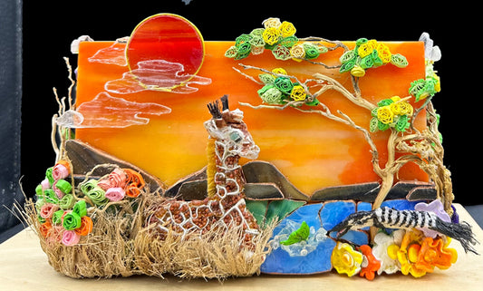 Reticulated Giraffe & Pied Kingfisher in the Bush, 2025, sculpture on stained glass, 4.5 x 8 in. / 11.43 x 20.32 cm.