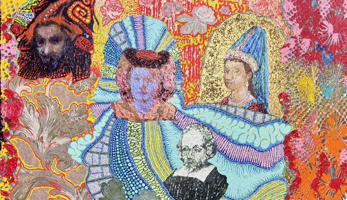 Stańczyk, Lisowczyk, Faust Socyn, Roksolana, 2024, acrylic and mixed media, 24 x 40 in. / 60.96 x 101.6 cm.