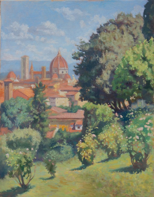 View of the Duomo from the Rose Garden, 2024, oil on linen, 23 x 18 in. / 58.42 x 45.72 cm.