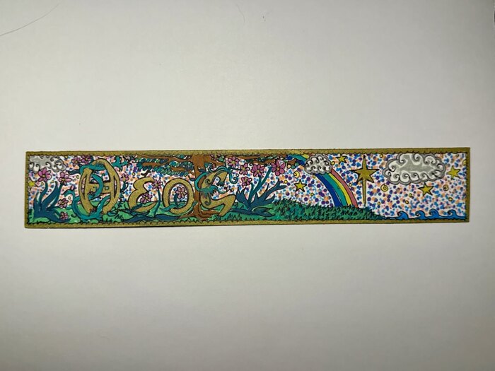 θεός (God) & ἀγάπη (Agape), 2025, mixed media, 10 x 2 in. / 25.4 x 5.08 cm.