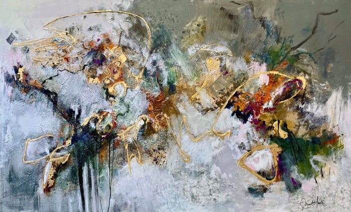 Golden Threads of Unity, 2025, mixed media, 36 x 60 in. / 91.44 x 152.4 cm.