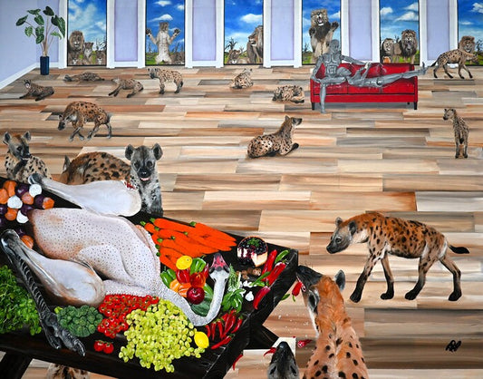 Timeless Enemies with Still Life, 2025, oil on canvas, 50 x 64 in. / 127 x 162.56 cm.