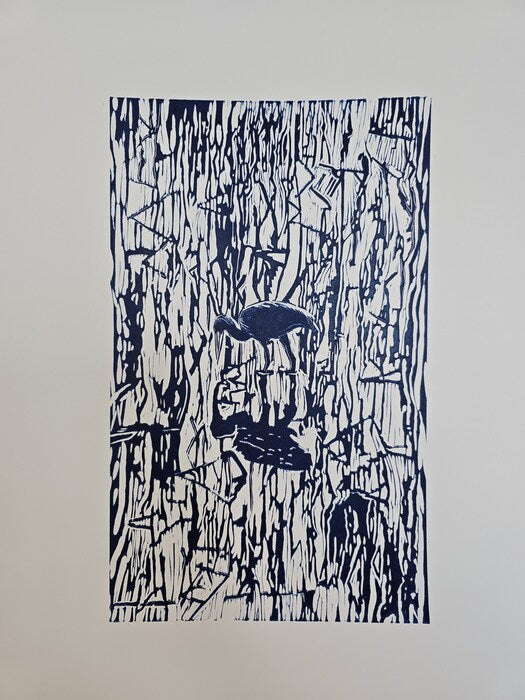White Heron, 2025, linocut, 4 x 16 in. / 60.96 x 40.5 cm.