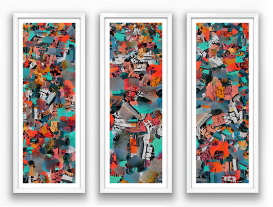 In Flux Tryptic, 2025, mixed media, 48 x 12 in. / 121.92 x 30.48 cm.