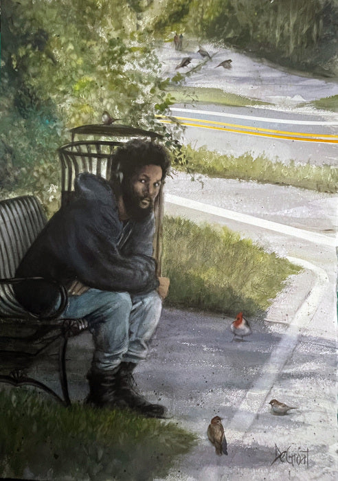 Man Sitting on Bench, 2025, watercolor, 30 x 21 in. / 76.2 x 53.34 cm.