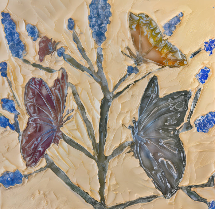 Butterfly Dynasty, 2025, acrylic and modeling paste, 12 x 12 in. / 30.48 x 30.48 cm.