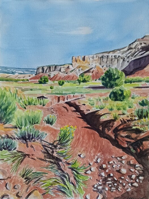 Arroyo and Cliff Chimneys, 2025, watercolor, 11 x 14 in. / 27.94 x 35.56 cm.