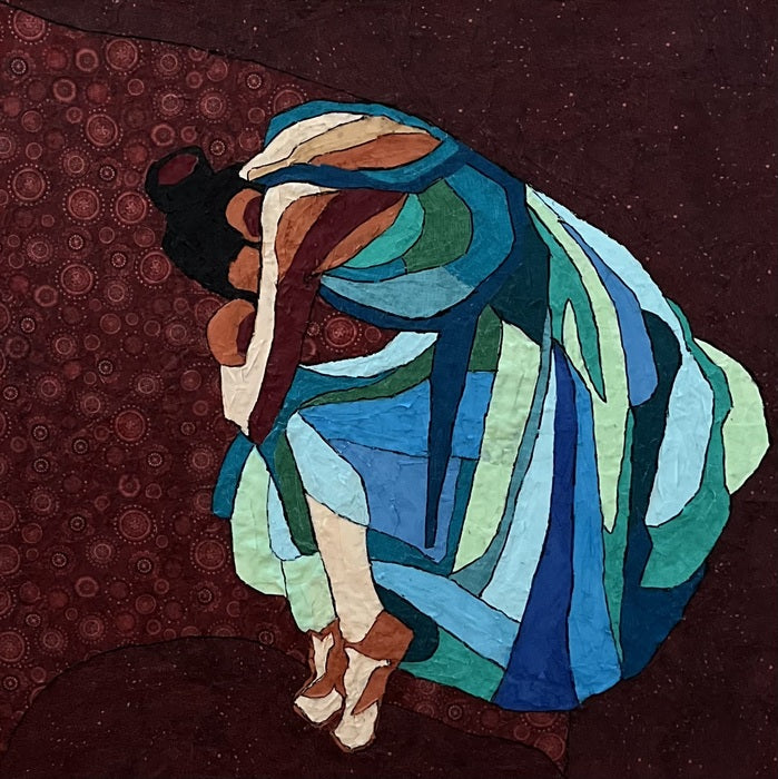 The Despondent Ballerina, 2025, fabric collage on canvas, 36 x 36 in. / 91.44 x 91.44 cm.