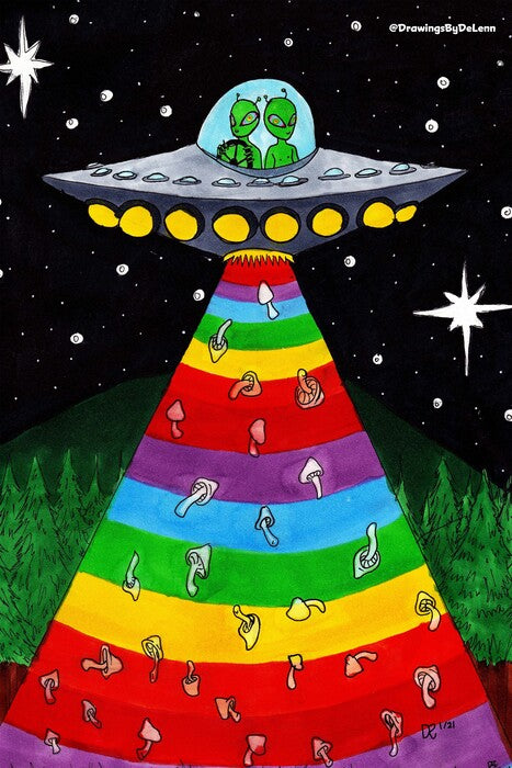 Mushroom Abduction, 2021, copic marker, 12 x 9 in. / 30.48 x 22.86 cm.