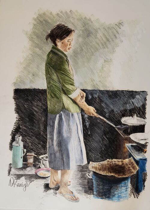 Cooking Dinner, 1999, oil pastel, 28 x 35 in. / 71.12 x 88.9 cm.