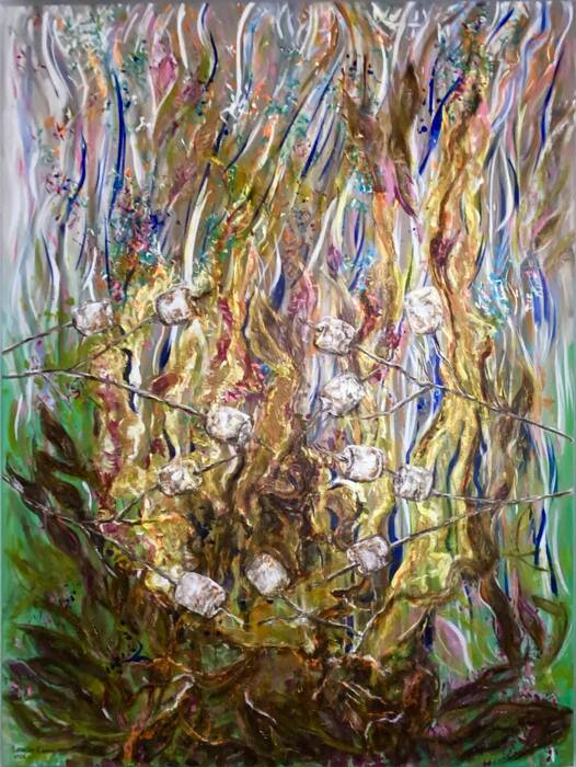 Campfire, 2023, mixed media, 48 x 36 in. / 121.92 x 91.44 cm.