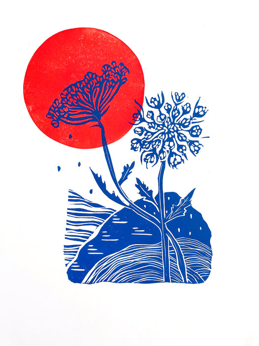 Wild Carrot and Sea, 2025, linocut, 12 x 9 in. / 30.48 x 22.86 cm.