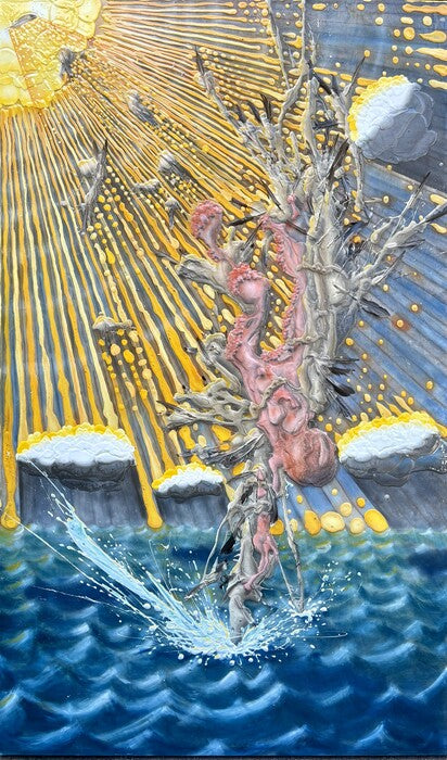 Icarus Augering In, 2025, mixed media, 72 x 44 in. / 182.88 x 111.76 cm.