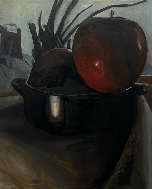 Apple in the Night, 2024, oil on canvas, 30 x 24 in. / 76.2 x 60.96 cm.