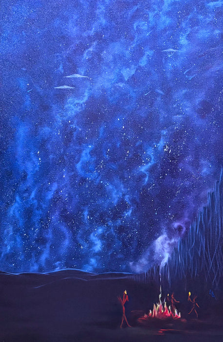 Tourists 10,000 BCE, 2025, oil, 36 x 24 in. / 91.44 x 60.96 cm.