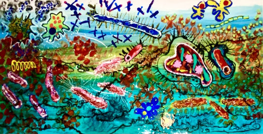 Among Virus and Bacteria, We Live, 2022, mixed media, 24 x 48 in. / 60.96 x 121.92 cm.