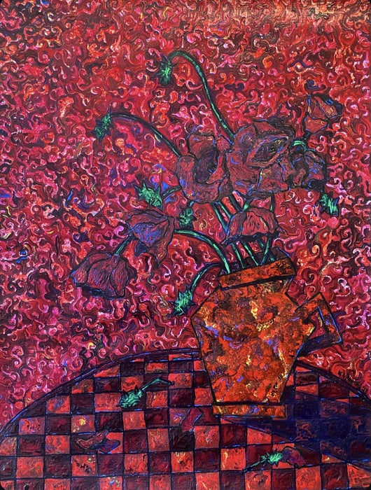 Crimson Poppy, 2025, acrylic and holofoil on paper, 16 x 12 in. / 40.64 x 30.48 cm.