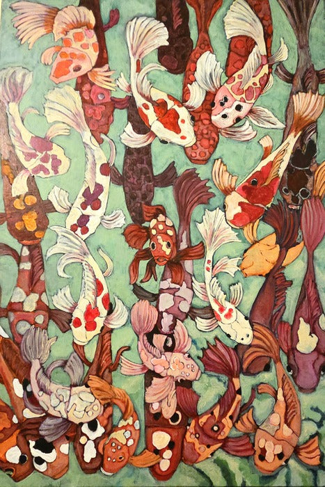 Koi Fish, Red and Green Study, 2026, acrylic on canvas, 24 x 38 in. / 60.96 x 96.52 cm.