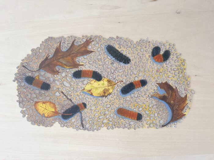 Fall Procession, 2023, oil and conte on plastic, 5.5 x 11 in. / 13.97 x 27.94 cm.