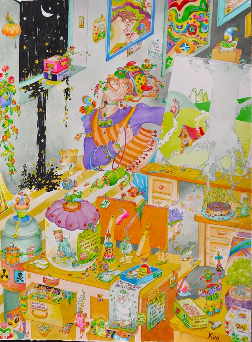 Never Leave a Tasty Cream Pie by a Painting, 2025, watercolor, 30 x 22 in. / 76.2 x 55.88 cm.