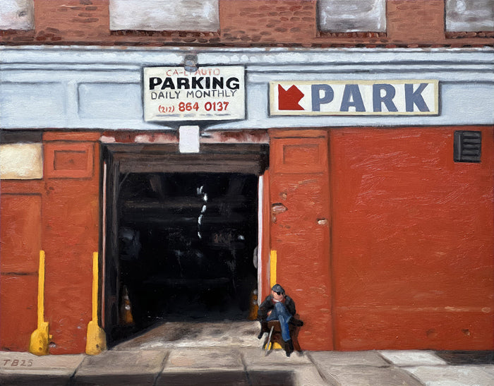 103rd St Parking, 2025, oil on wood board, 14 x 18 in. / 35.56 x 45.72 cm.