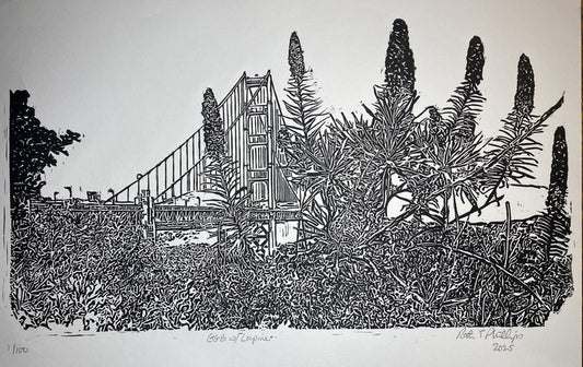 Golden Gate Bridge #1, 2025, linocut, 12 x 18 in. / 30.48 x 45.72 cm.