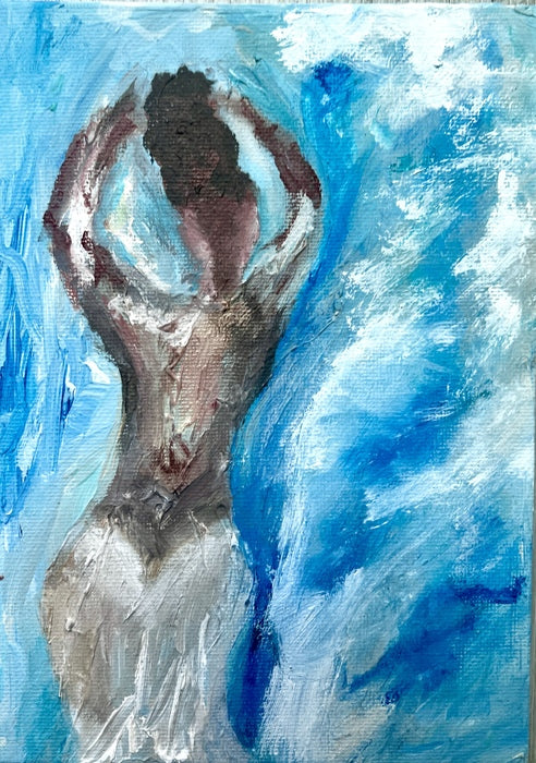 Back of a Woman, 2025, acrylic on canvas, 5 x 7 in. / 12.7 x 17.78 cm.