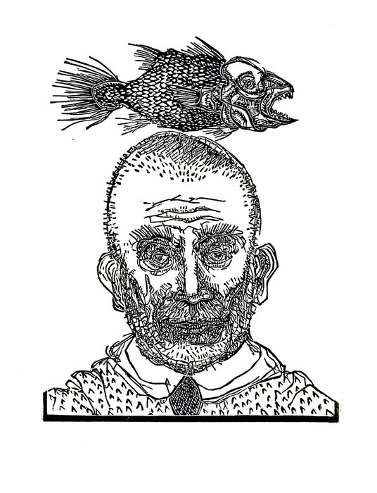 Fish Dream 6, 2024, wood engraving, 5 x 7 in. / 12.7 x 17.78 cm.
