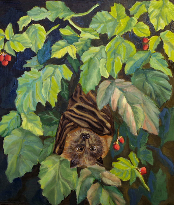 Bat Berry Bush, 2021, oil on wood panel, 8 x 9 in. / 20.32 x 22.86 cm.