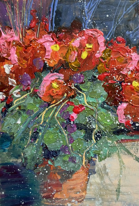Potted Blooms, 2025, acrylic painting, 4 x 6 in. / 10.16 x 15.24 cm.