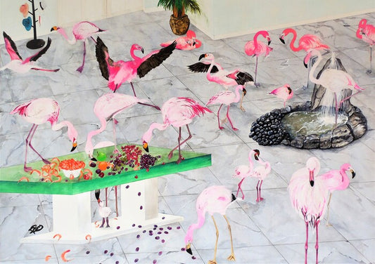 Still Life with Flamingos, 2022, watercolor on paper, 20 x 28 in. / 50.8 x 71.12 cm.