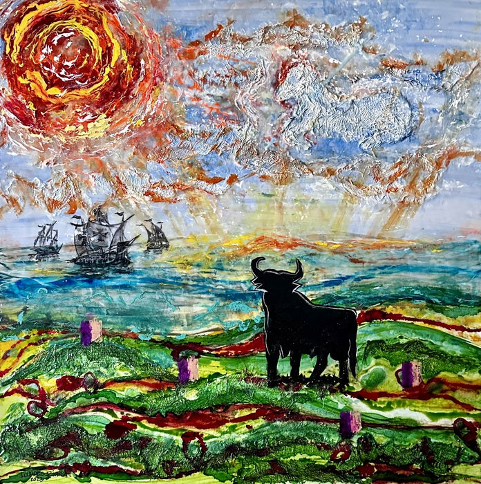En el Reino de España Nunca se Pone el Sol, 2023, mixed media, 24 x 24 in. / 60.96 x 60.96 cm.