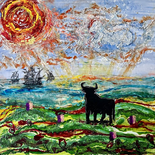 En el Reino de España Nunca se Pone el Sol, 2023, mixed media, 24 x 24 in. / 60.96 x 60.96 cm.